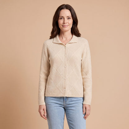Diamond Knit Cardigan in Beige - front view