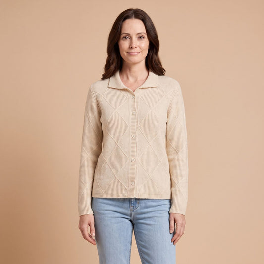Diamond Knit Cardigan in Beige - front view