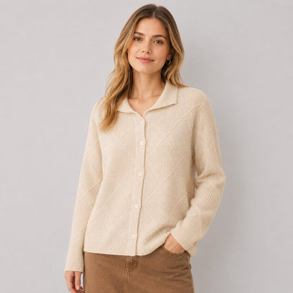 Diamond Knit Cardigan in Beige - worn by a model, front view