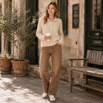 Diamond Knit Cardigan in Beige - worn by a model outdoors