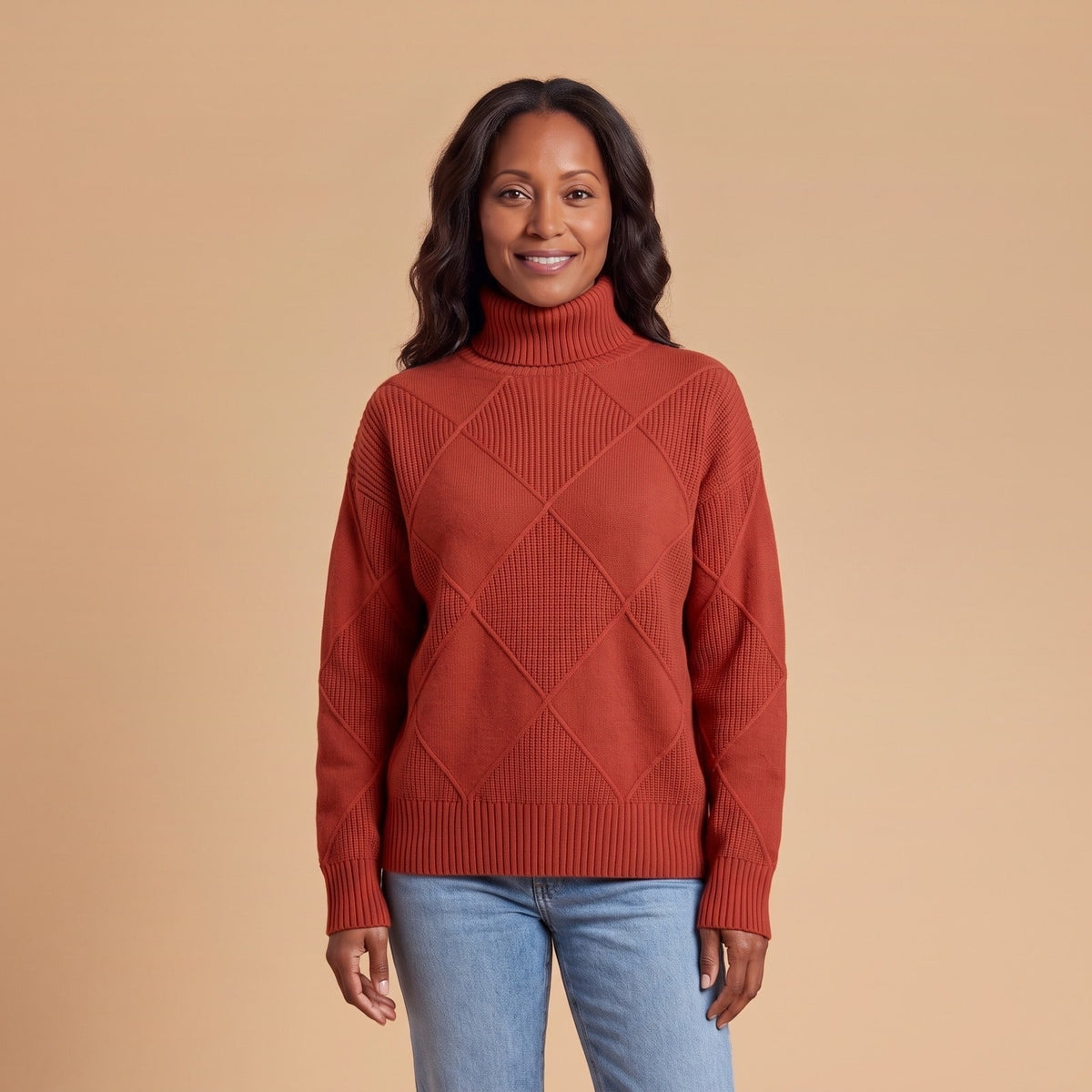 Diamond Textured Turtleneck Sweater, Relaxed Winter Jumper 1