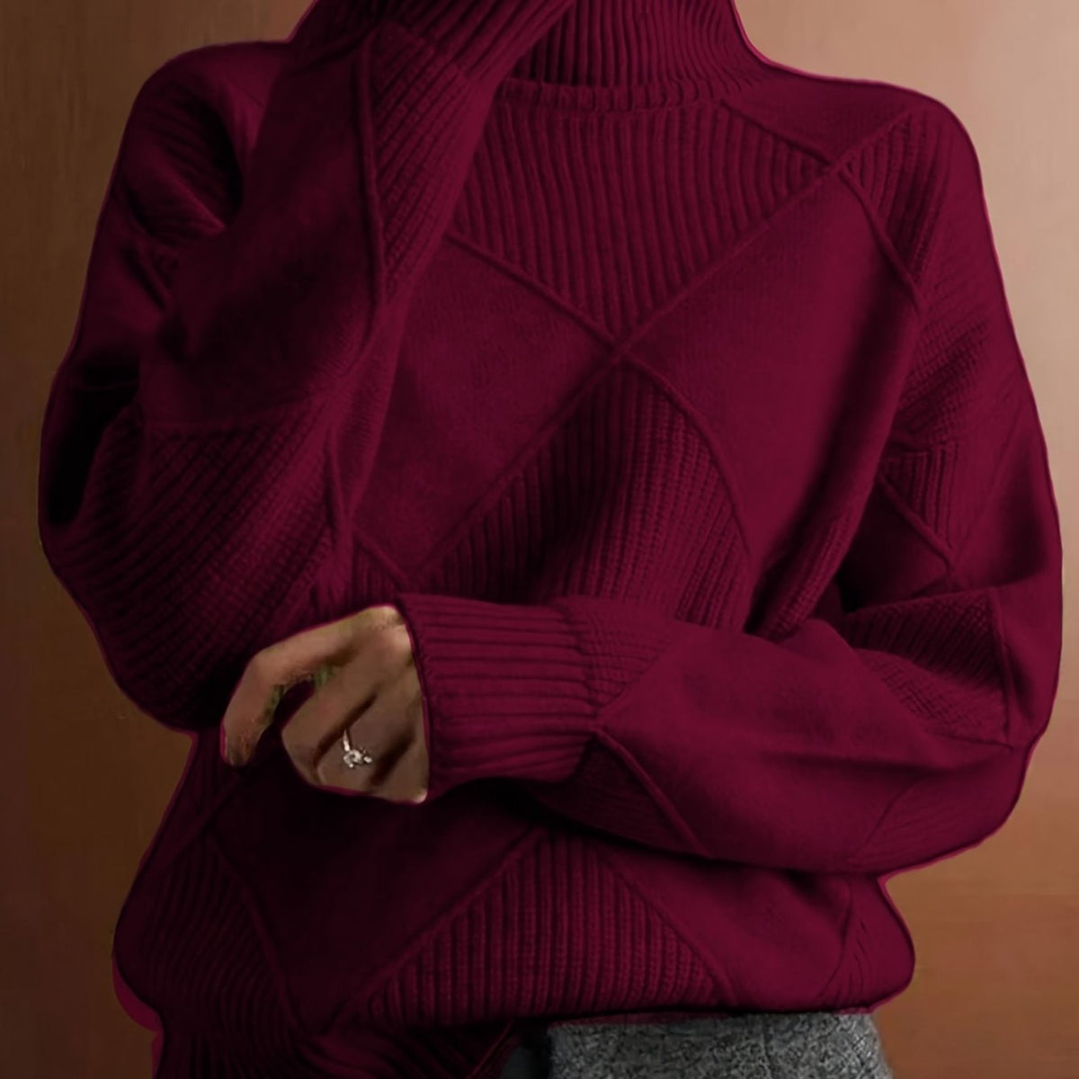 Diamond Textured Turtleneck Sweater, Relaxed Winter Jumper 2
