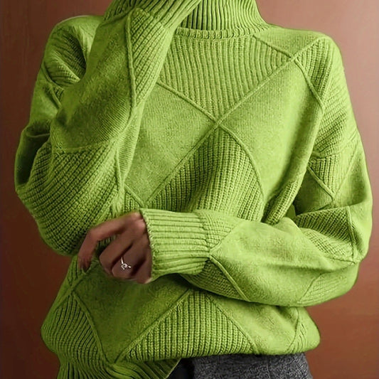 Diamond Textured Turtleneck Sweater, Relaxed Winter Jumper 3