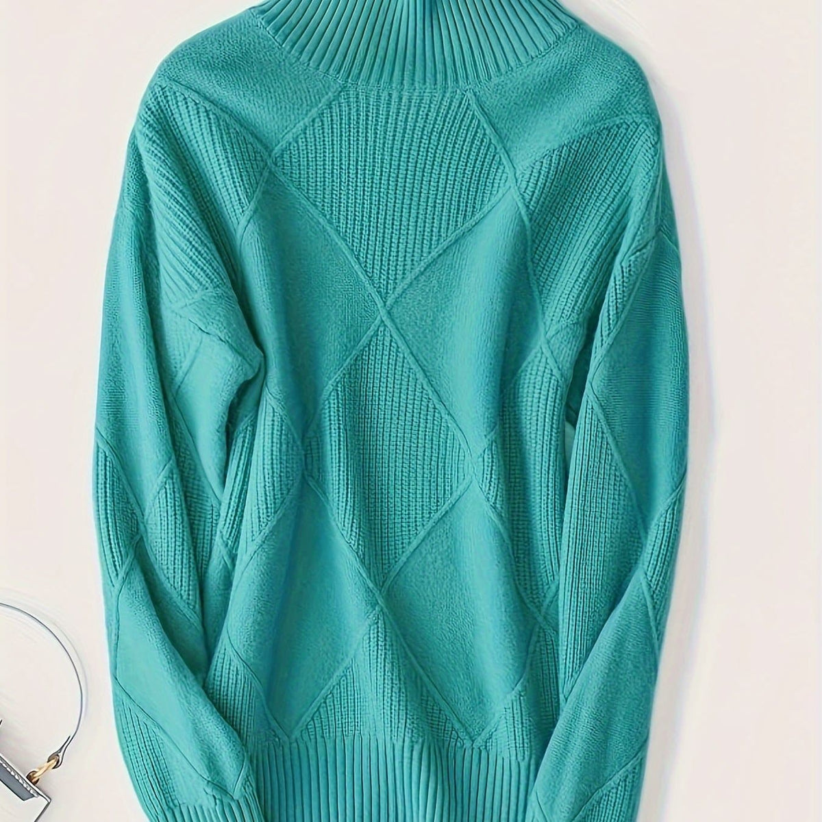Diamond Textured Turtleneck Sweater, Relaxed Winter Jumper 6