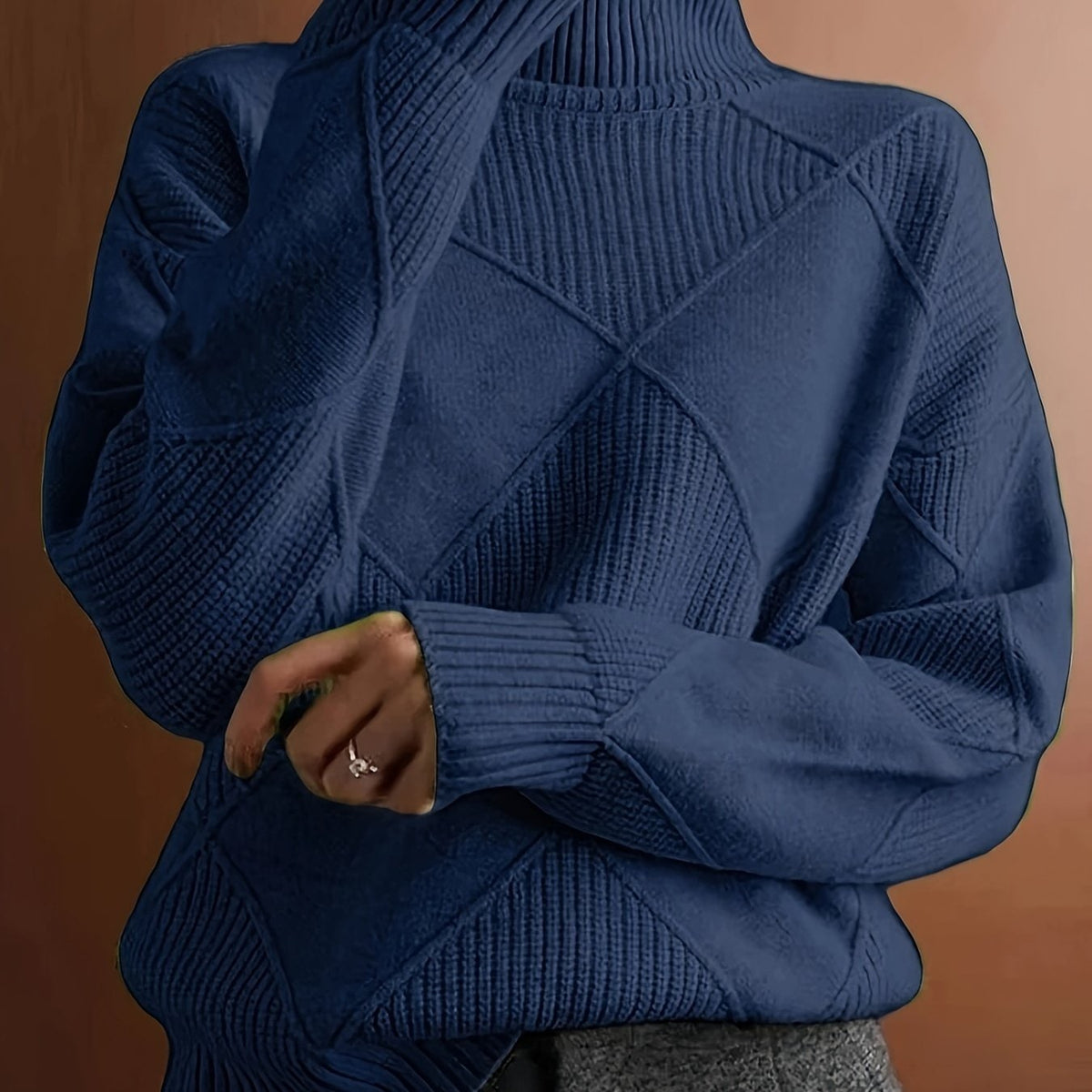 Diamond Textured Turtleneck Sweater, Relaxed Winter Jumper 8