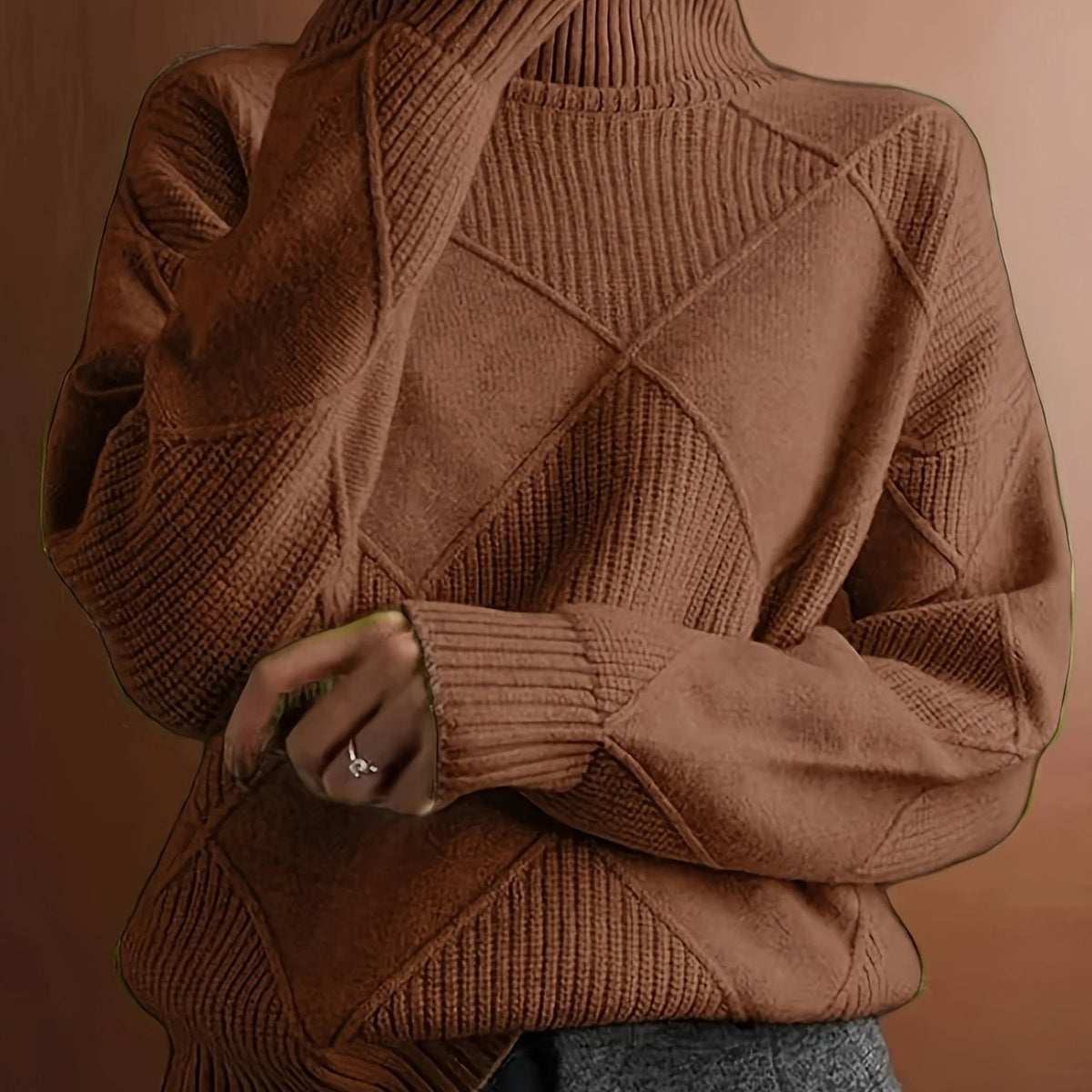 Diamond Textured Turtleneck Sweater, Relaxed Winter Jumper 9