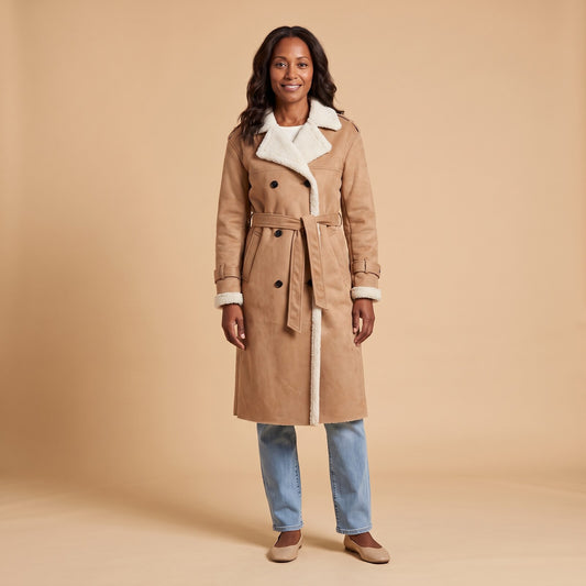 Double Breasted Trench Coat in Apricot - front view