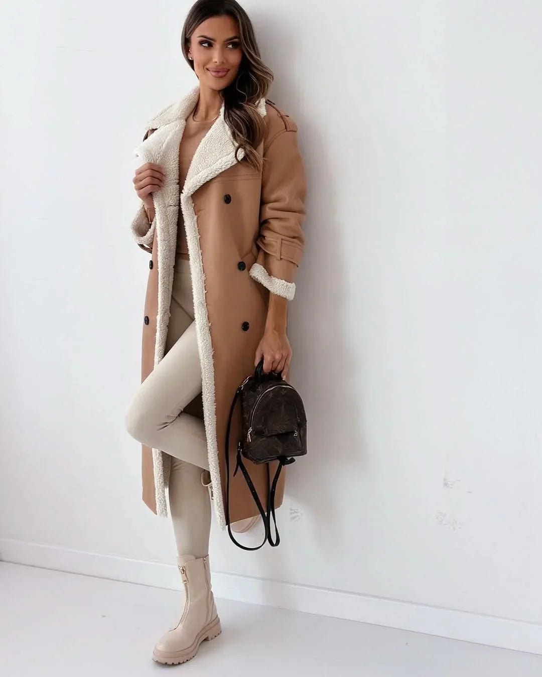 Double Breasted Trench Coat in Brown - worn by a model, front view