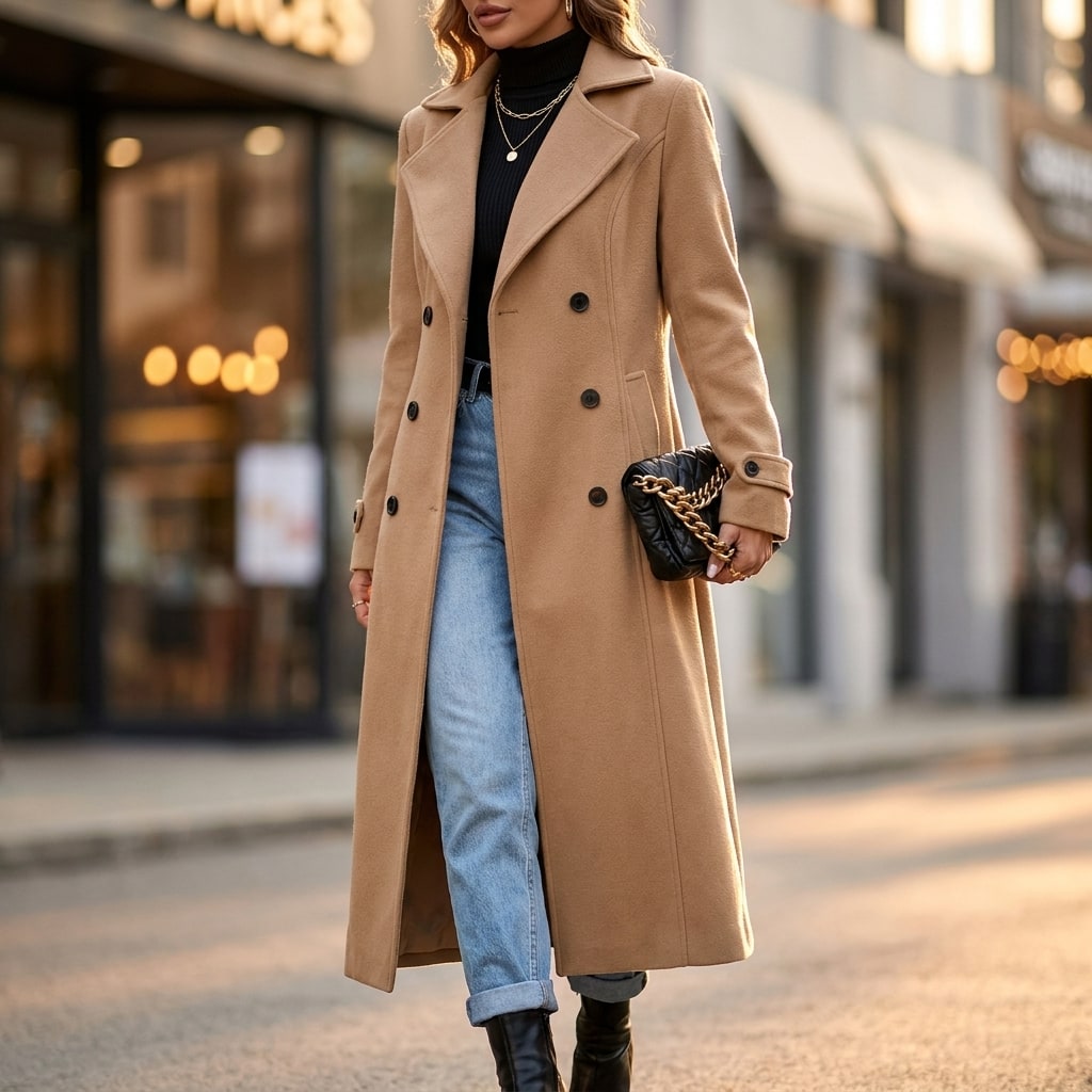 Camel wool-look coat, worn with jeans 2