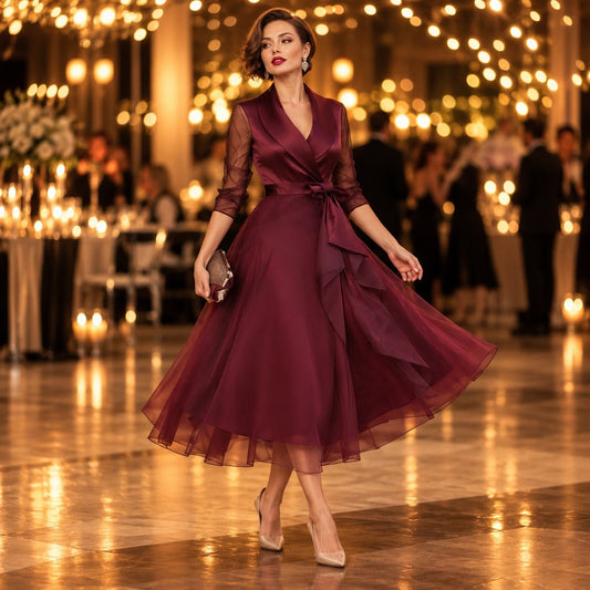 Burgundy cocktail dress with waist belt, walking at an evening event 2