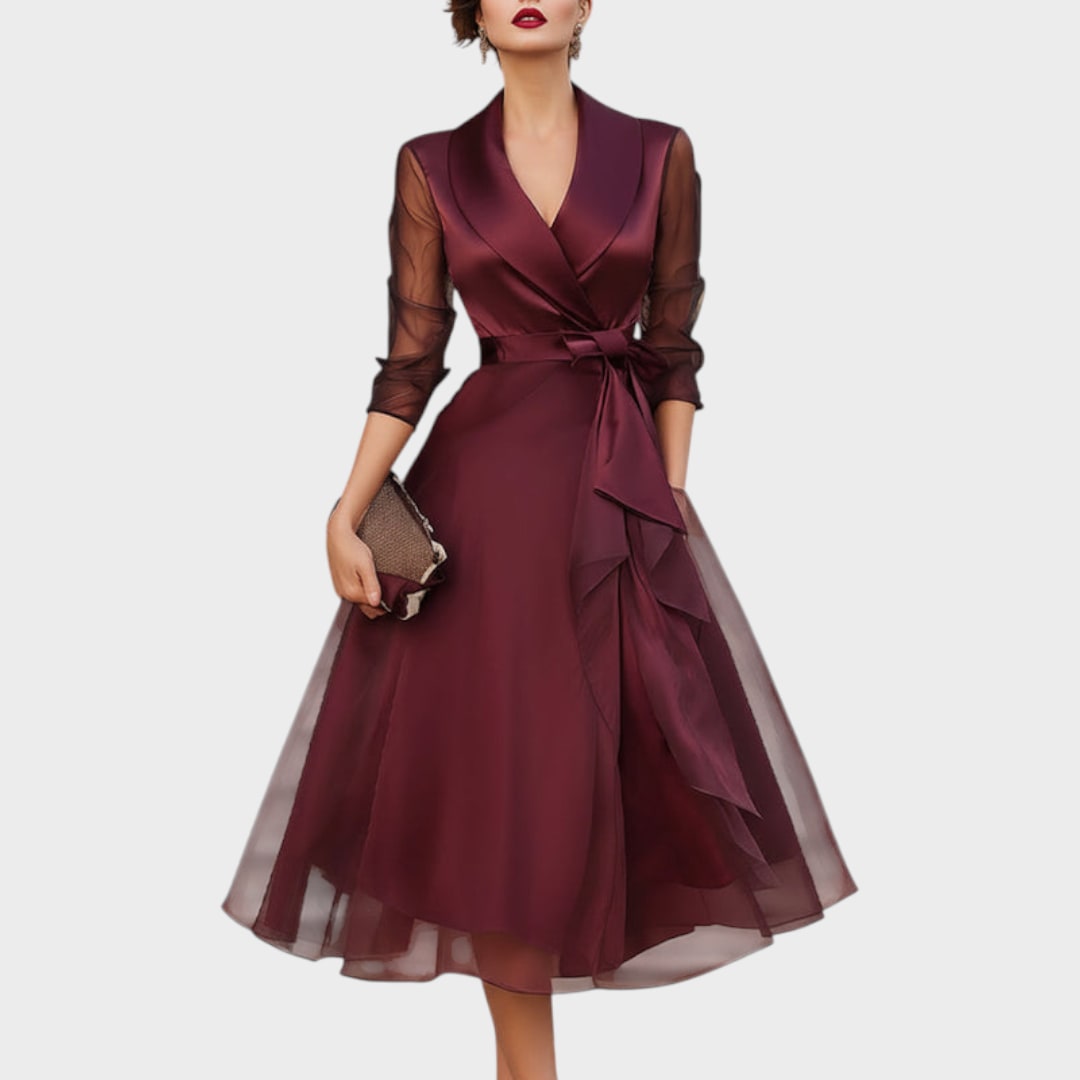 Burgundy cocktail dress, front view 3