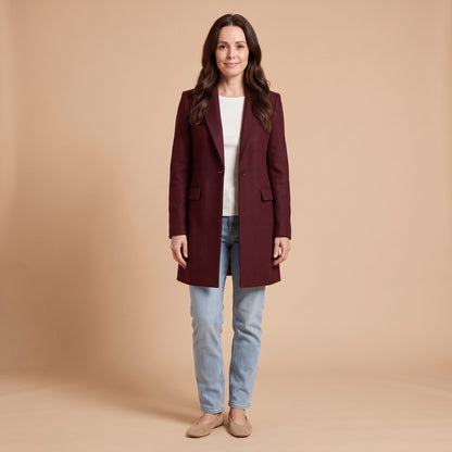 Eleri Notch Lapel Coat in Burgundy - front view