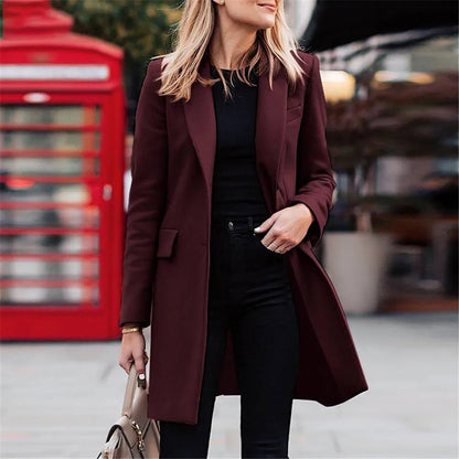 Eleri Notch Lapel Coat in Burgundy - worn by a model outdoors