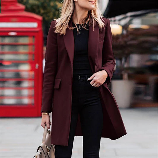 Eleri Notch Lapel Coat in Burgundy - worn by a model outdoors