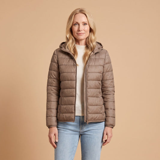 Ella Short Quilted Puffer Jacket in Khaki - front view
