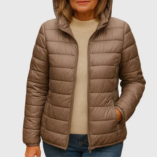 Ella Short Quilted Puffer Jacket in Khaki - worn by a model, front view
