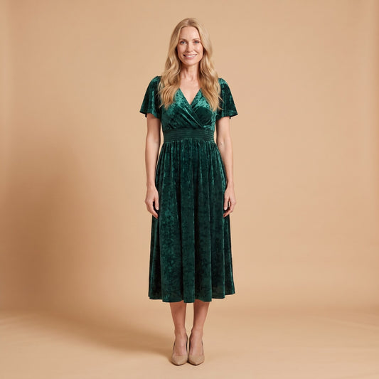 Emeraude Ribbed Velvet Midi Dress in Dark Green - front view