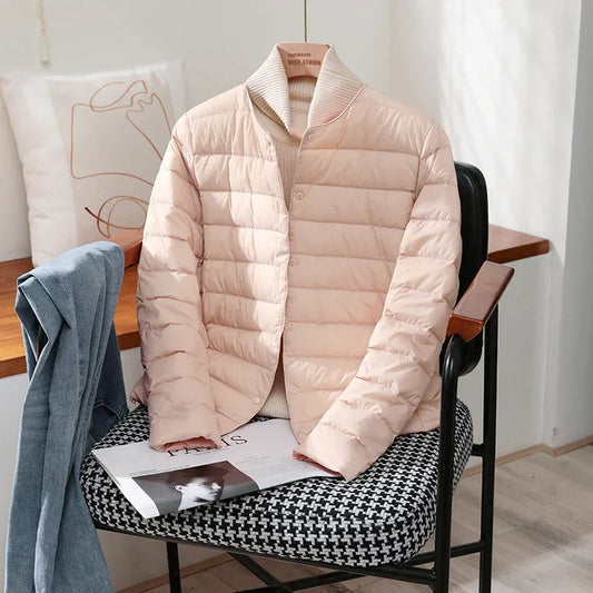 Emily Classic Lightweight Puffer Jacket in Light pink - styled outfit shot