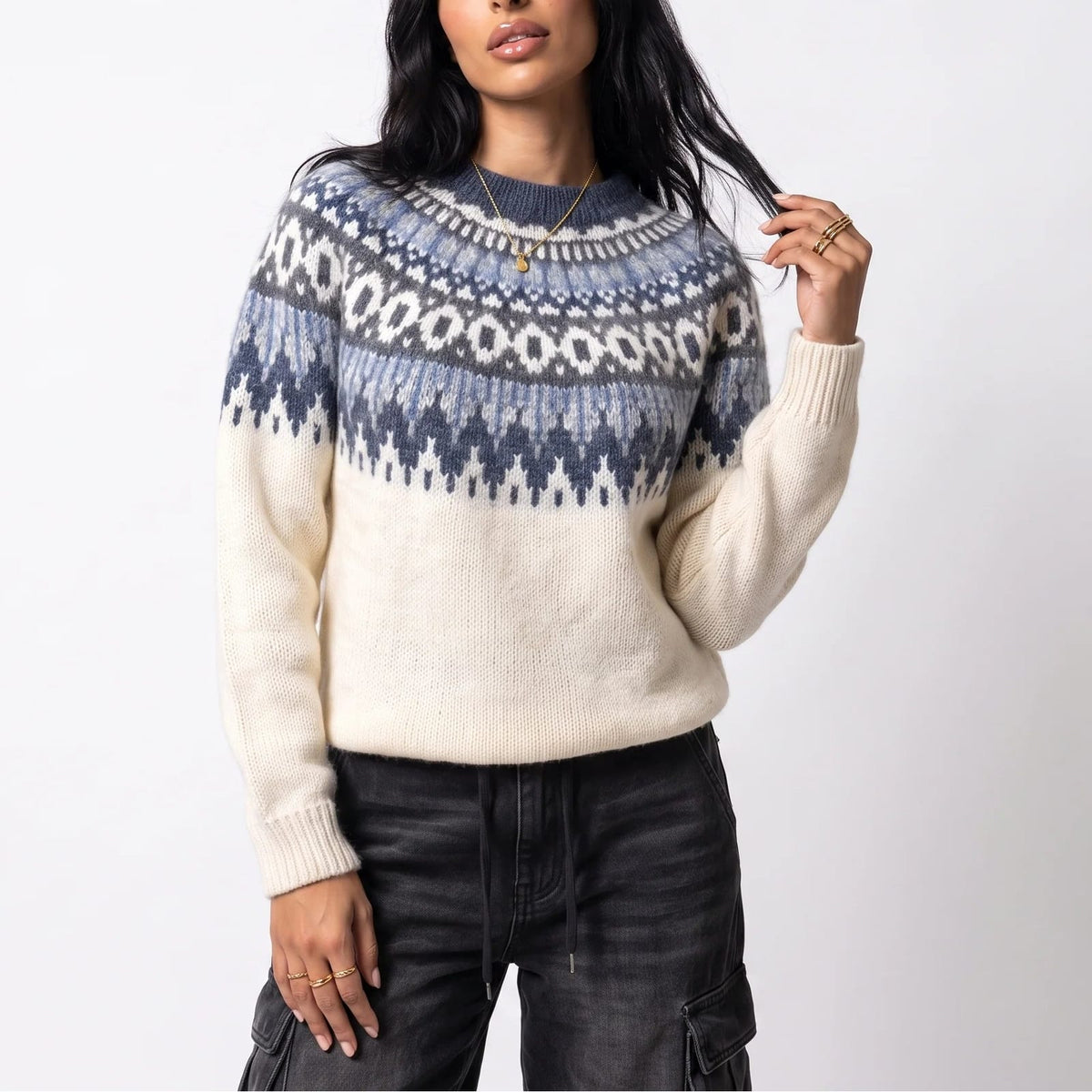 Fair Isle Sweater, Ivory Nordic Crew Neck Knit Jumper 2