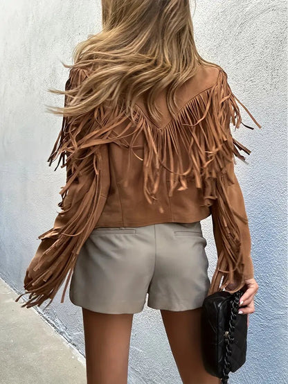 Faux Suede Fringe Cropped Jacket in Brown - back view