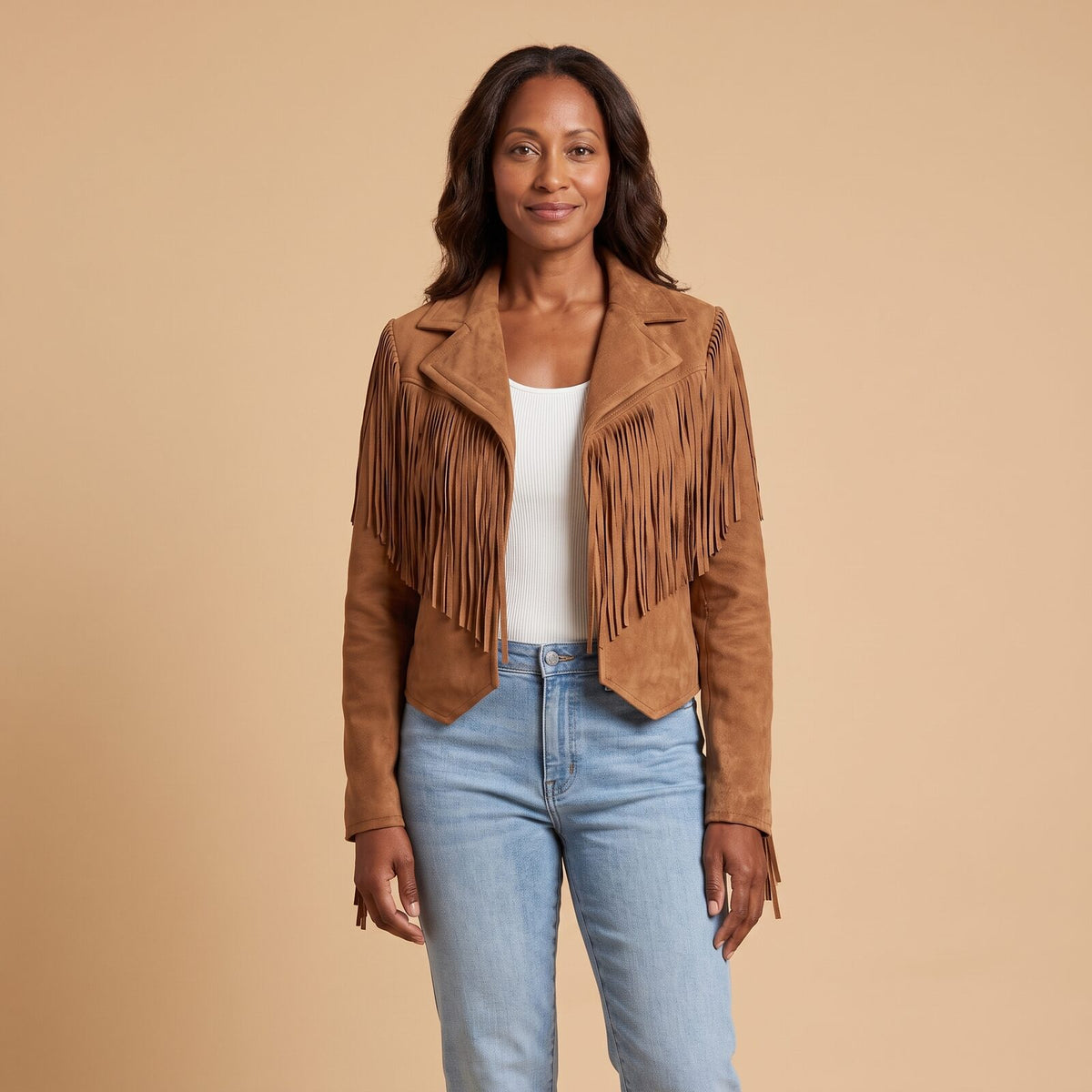 Faux Suede Fringe Cropped Jacket in Brown - front view