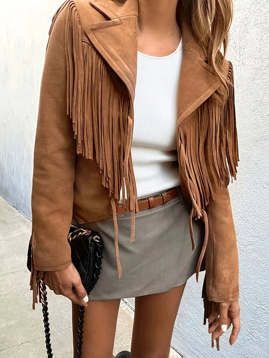Faux Suede Fringe Cropped Jacket in Brown - worn by a model, front view