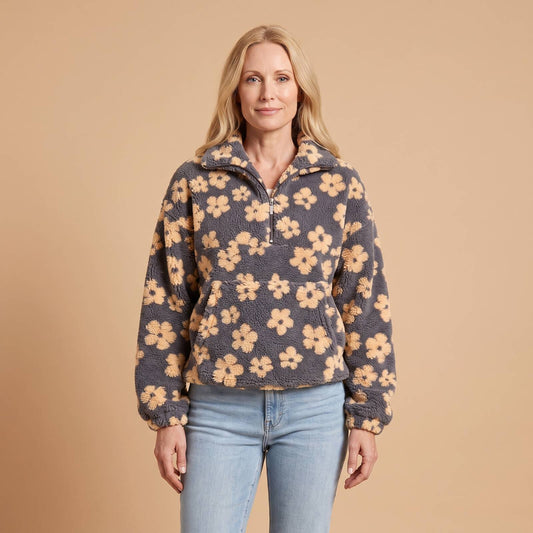 Floral Teddy Fleece Half-Zip in Yellow - front view