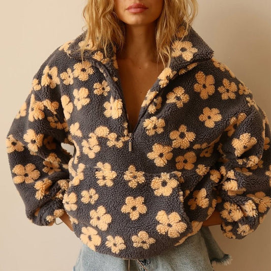 Floral Teddy Fleece Half-Zip in Yellow - worn by a model, front view