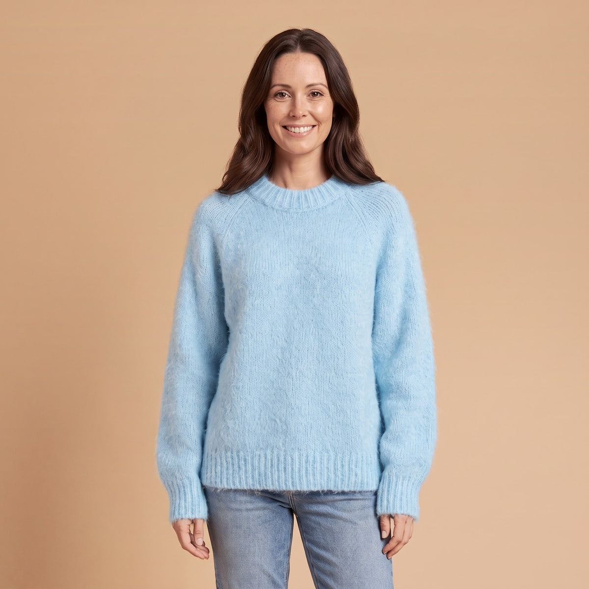 Fluffy Knit Crew Neck Sweater, Relaxed Raglan Sleeve Jumper 1