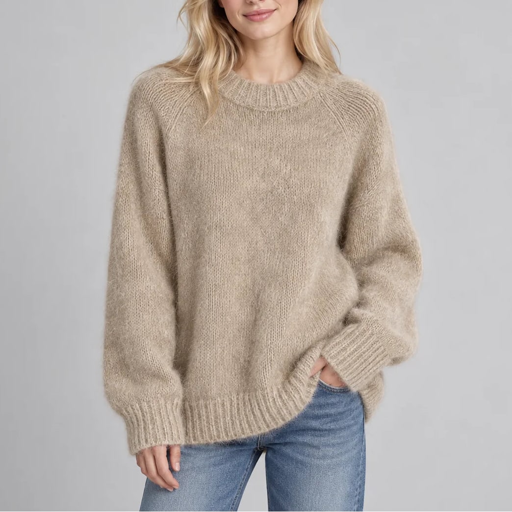 Fluffy Knit Crew Neck Sweater, Relaxed Raglan Sleeve Jumper 3