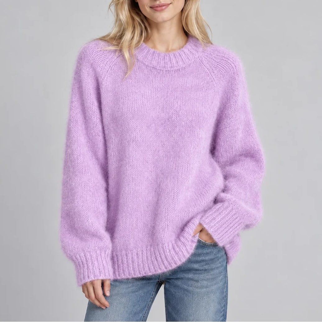 Fluffy Knit Crew Neck Sweater, Relaxed Raglan Sleeve Jumper 5