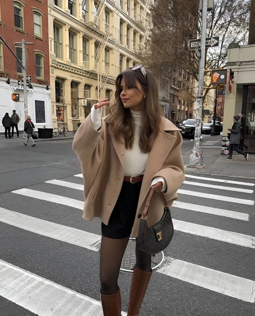 Gioconda Longline Pea Coat in Beige - worn by a model outdoors