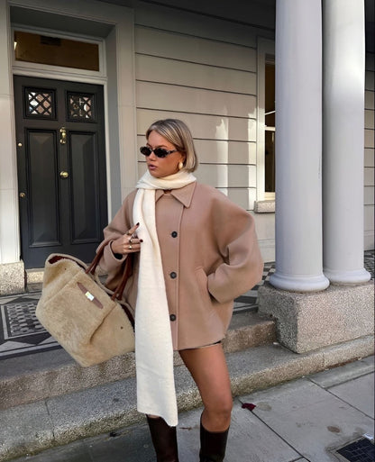 Gioconda Longline Pea Coat in Beige - worn by a model outdoors