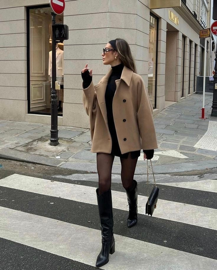 Gioconda Longline Pea Coat in Beige - worn by a model outdoors