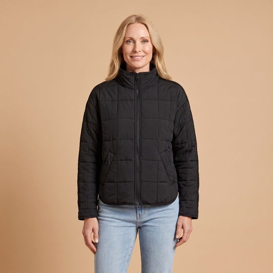 Hannah Lightweight Packable Puffer Jacket in Black - front view