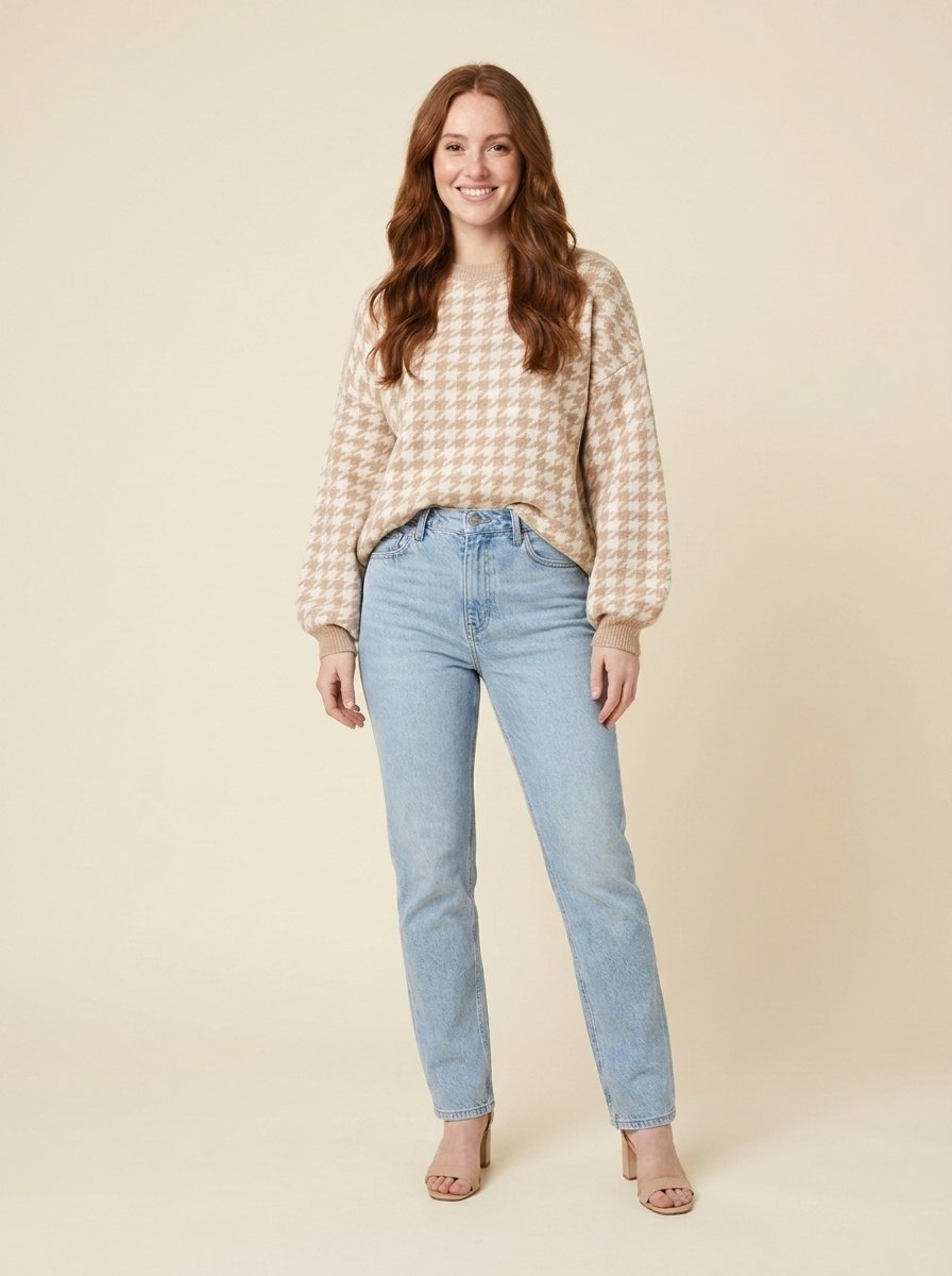 Haven Houndstooth Sweater in beige - worn by a model, front view
