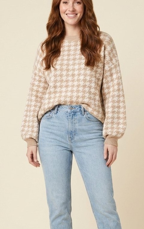 Haven Houndstooth Sweater in Beige - front view