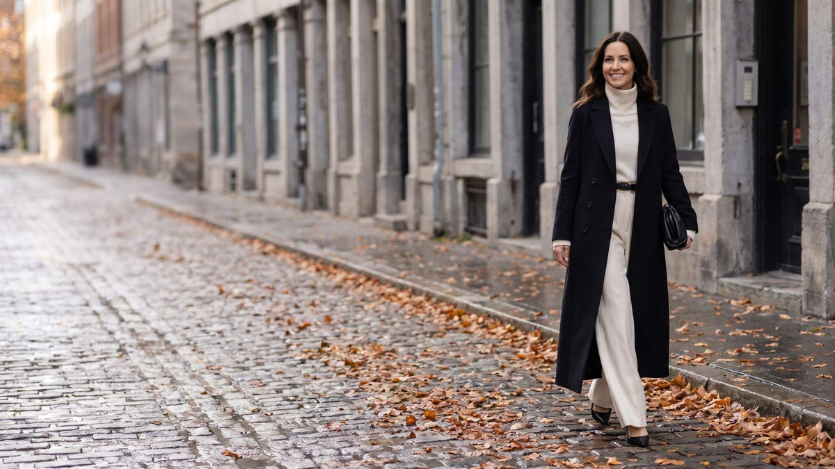 Woman in a long winter coat on an autumn street in Old Montreal