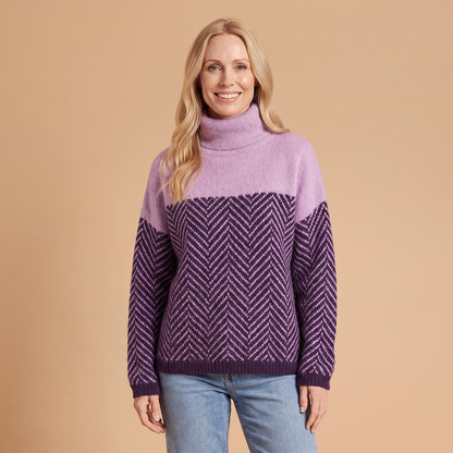 Herringbone Turtleneck Sweater, Oversized Two Tone Knit 1