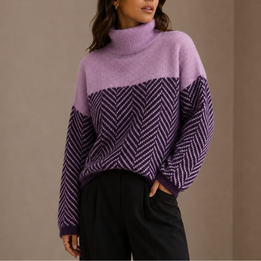 Herringbone Turtleneck Sweater, Oversized Two Tone Knit 2