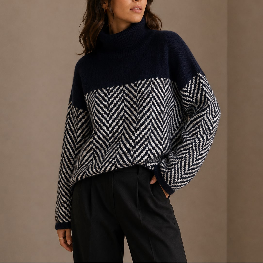 Herringbone Turtleneck Sweater, Oversized Two Tone Knit 3