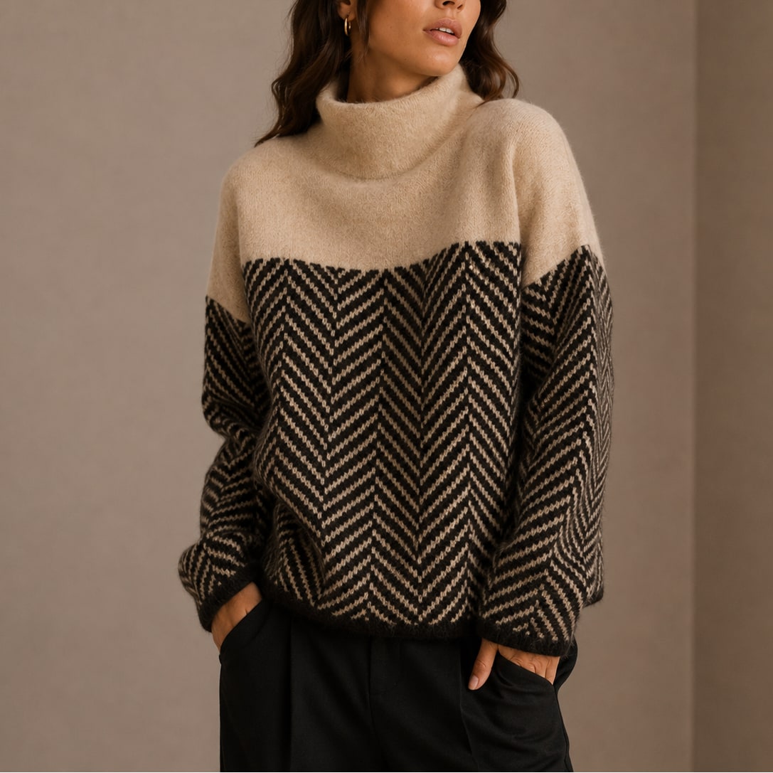 Herringbone Turtleneck Sweater, Oversized Two Tone Knit 4