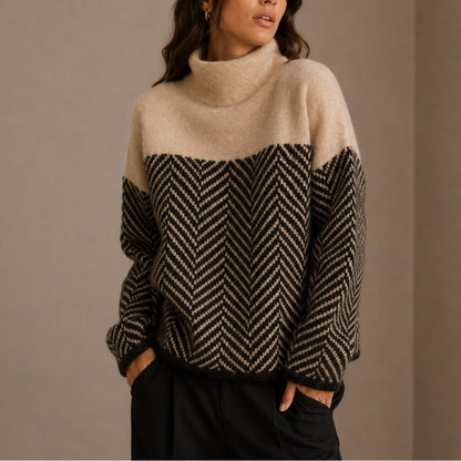 Herringbone Turtleneck Sweater, Oversized Two Tone Knit 4
