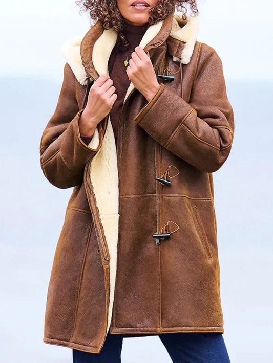 Hooded Faux Shearling Coat, Warm Winter Coat with Toggles 2