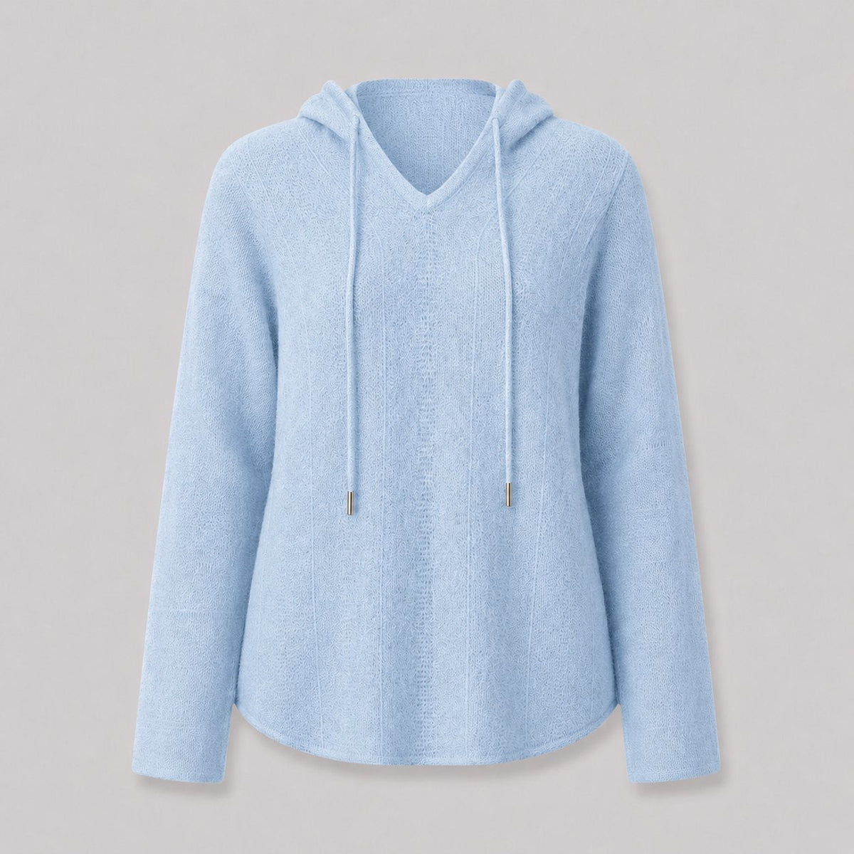 Hooded Knit Sweater in Light Tones in Light Blue - flat product shot