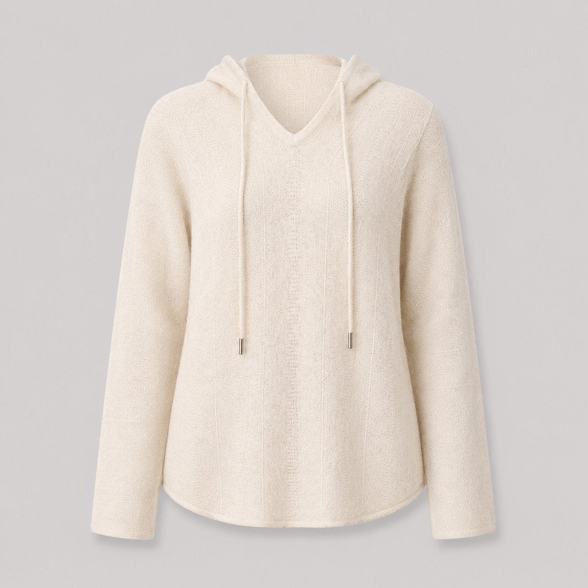 Hooded Knit Sweater in Light Tones in White - flat product shot