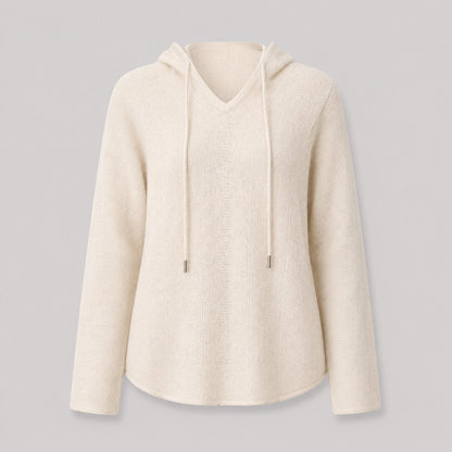 Hooded Knit Sweater in Light Tones in White - flat product shot