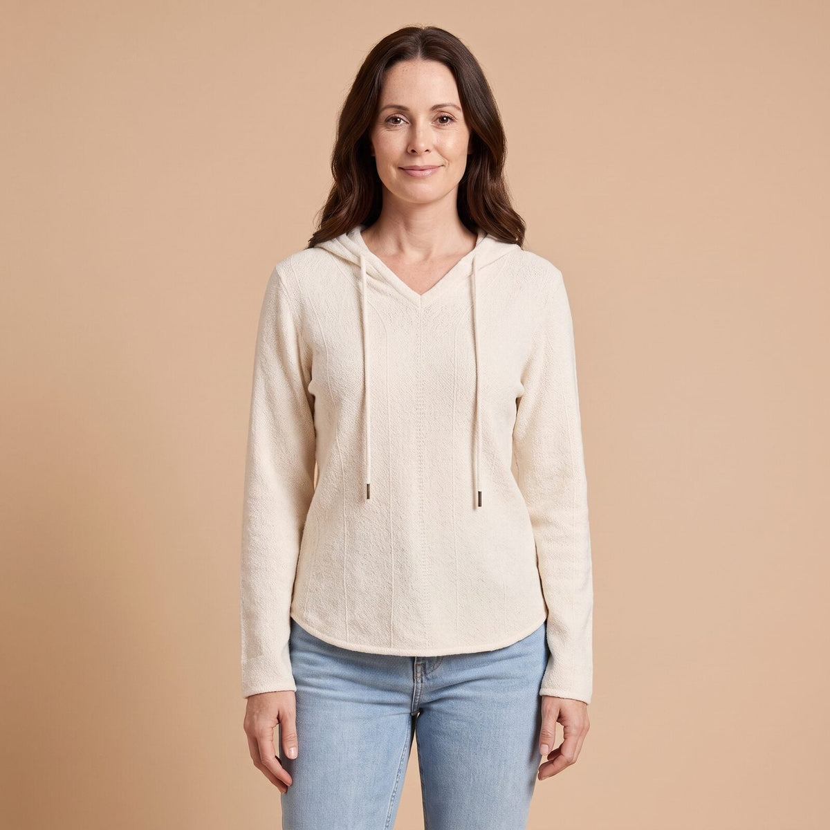 Hooded Knit Sweater in Light Tones in White - front view