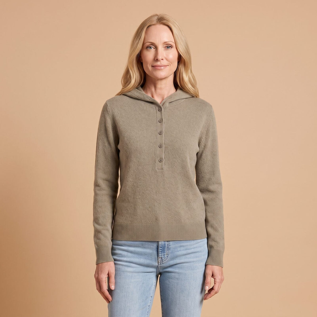 Hooded Knit Sweater in Olive Green - front view