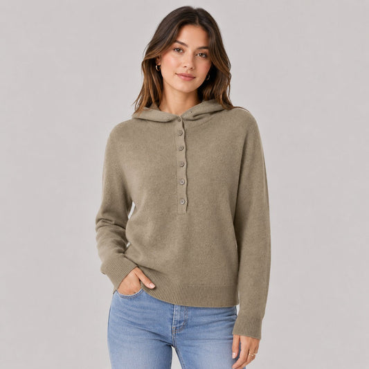 Hooded Knit Sweater in Olive Green - worn by a model, front view